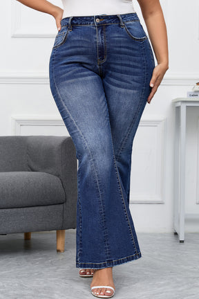 Dark Blue Plus Size Stitching Washed Flare Jeans-True and Wild