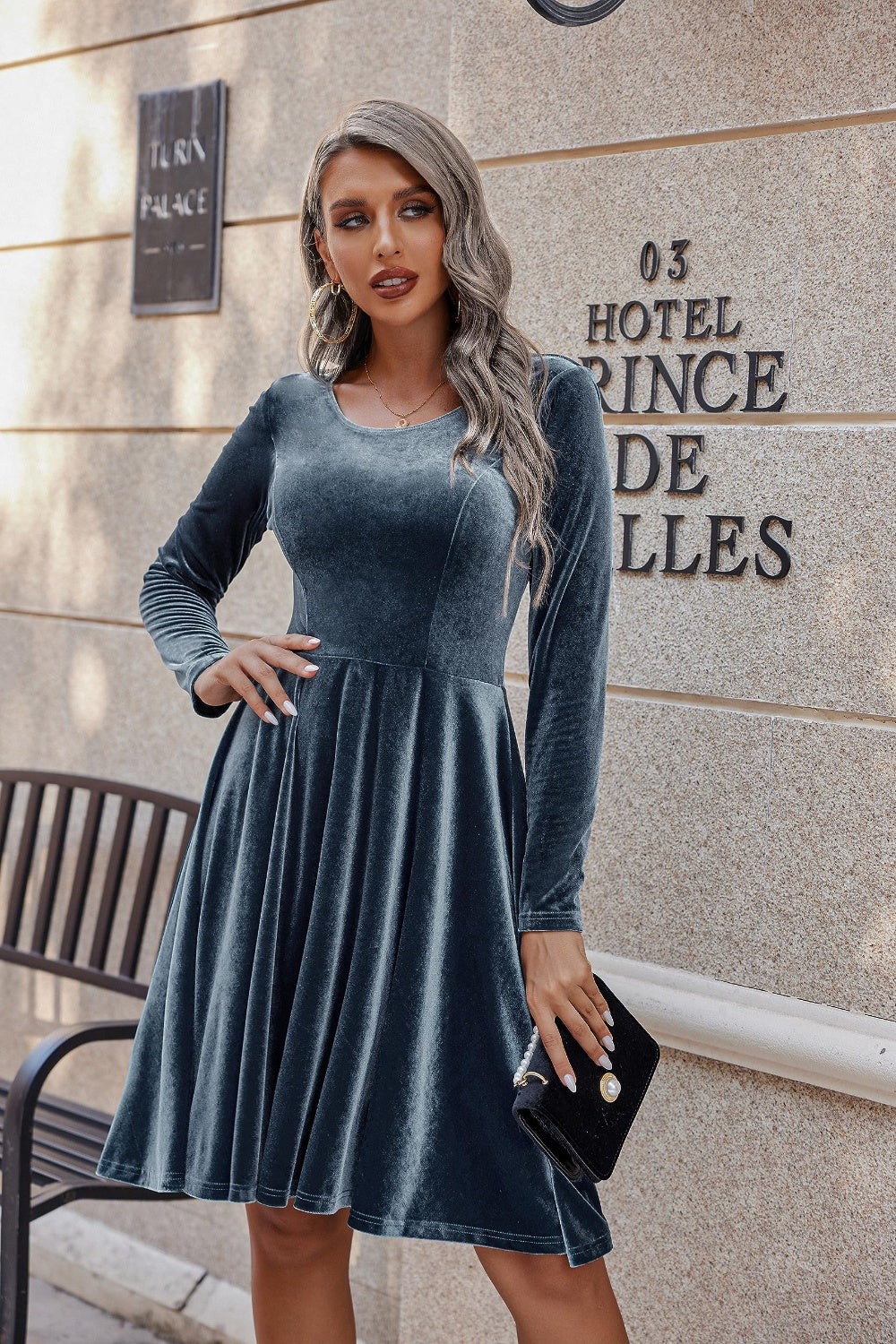 Round Neck Long Sleeve Knee Length Dress-True and Wild