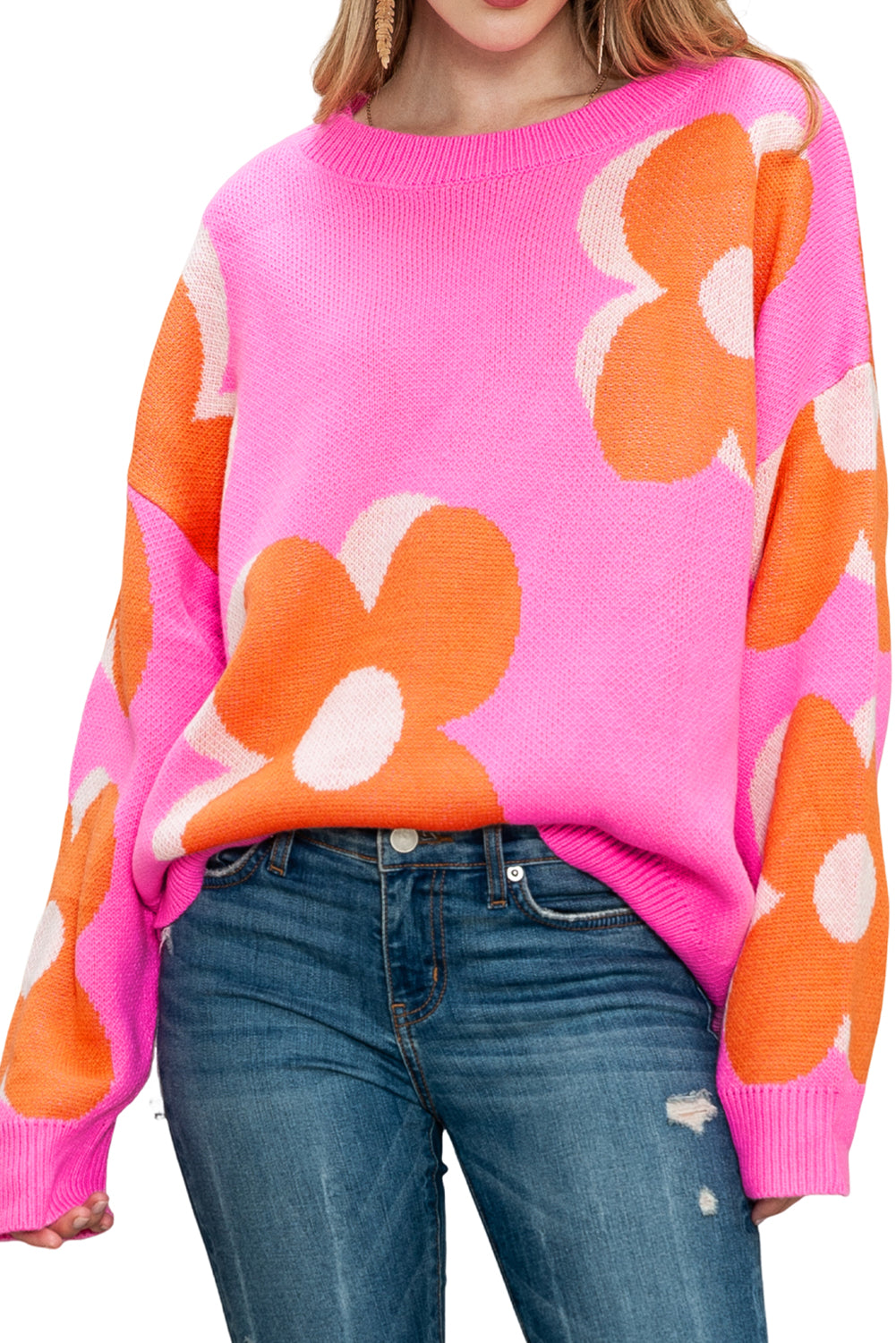 Pink & Orange 60s Floral Cable Knitted Sweater-True and Wild