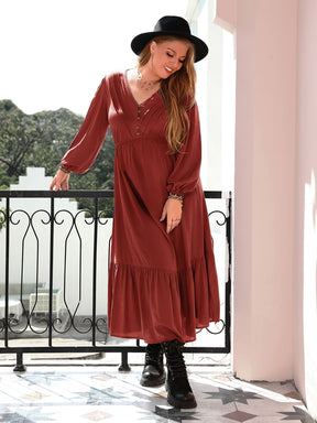 Plus Size Quarter Button V-Neck Long Sleeve Dress-True and Wild