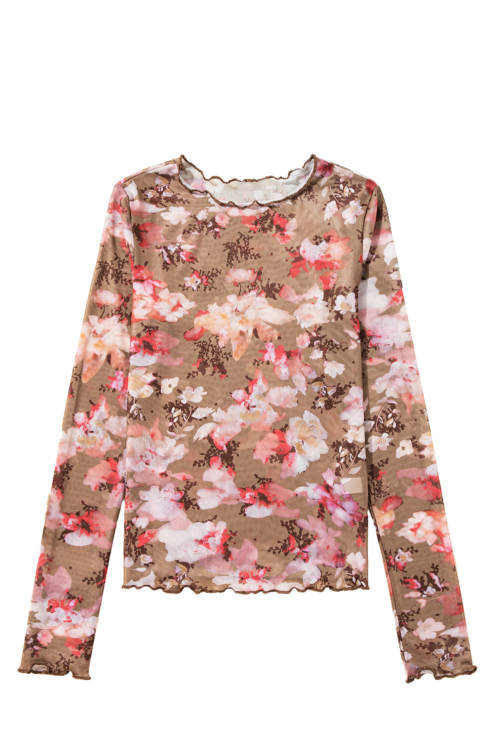 Red Floral Print Sheer Mesh Long Sleeve Top-True and Wild