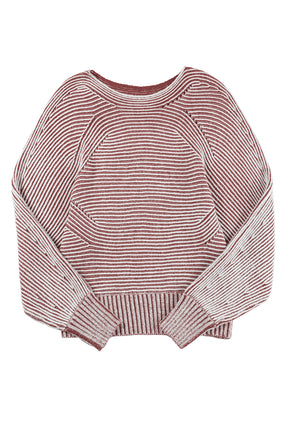 Red Dahlia Striped Print Ribbed Knit Raglan Sleeve Baggy Sweater-True and Wild