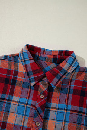 Red Plaid Print Drop Sleeve Loose Shirt-True and Wild