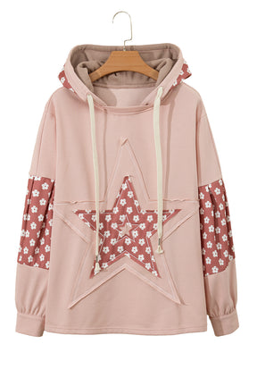 Apricot Floral Patchwork Star Pattern Drawstring Hoodie