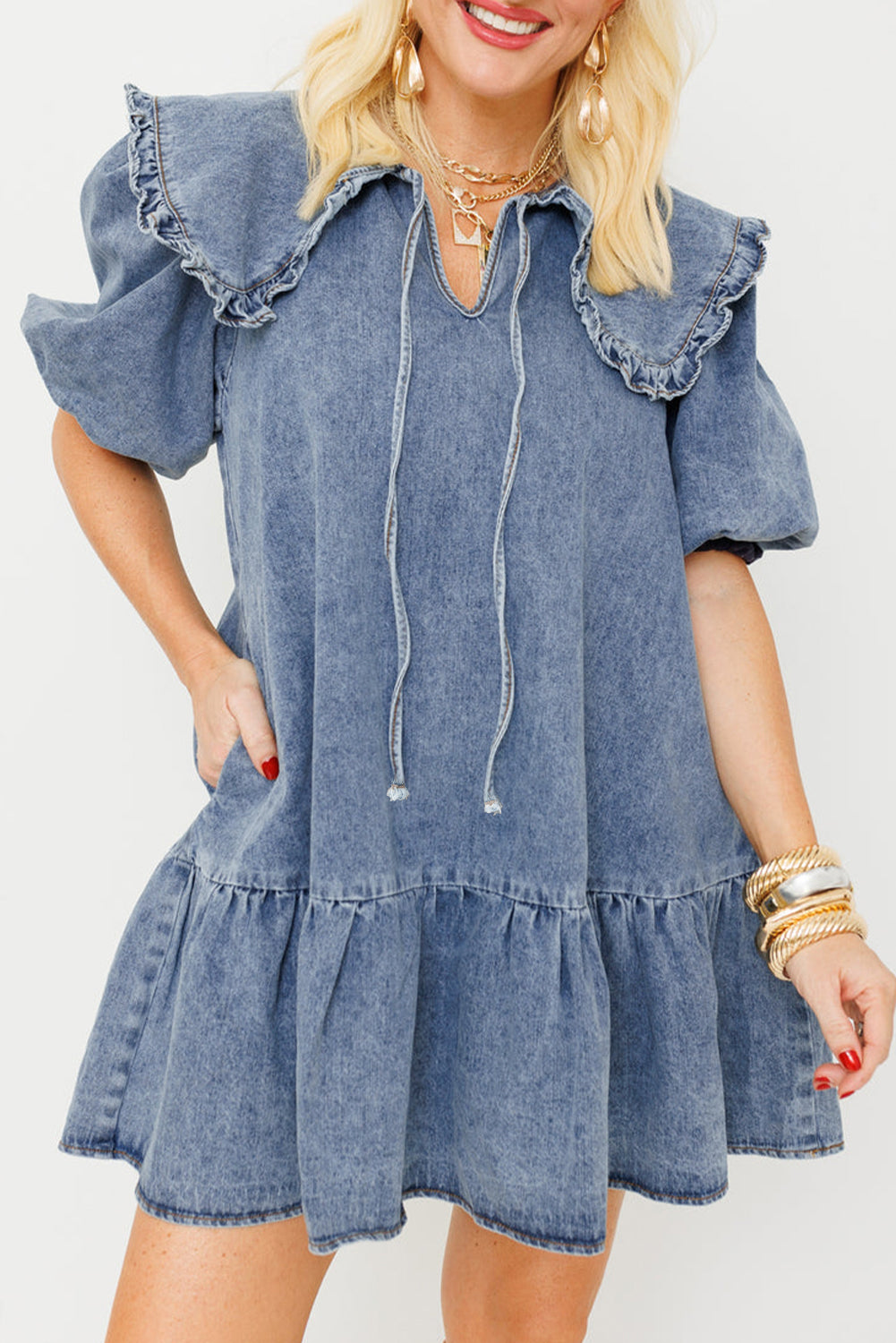 Dusk Blue Ruffle Collar Side Pockets Puff Sleeve Denim Mini Dress-True and Wild