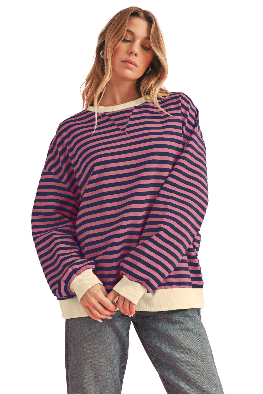 Black Stripe Contrast Edge Cross Seam Oversized Sweatshirt-True and Wild