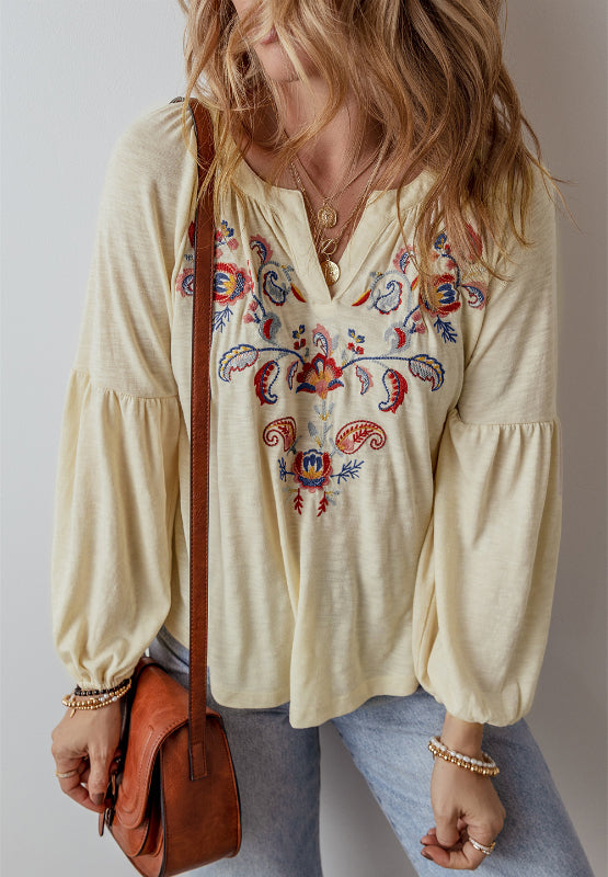 Embroidered Notched Long Sleeve Blouse-True and Wild