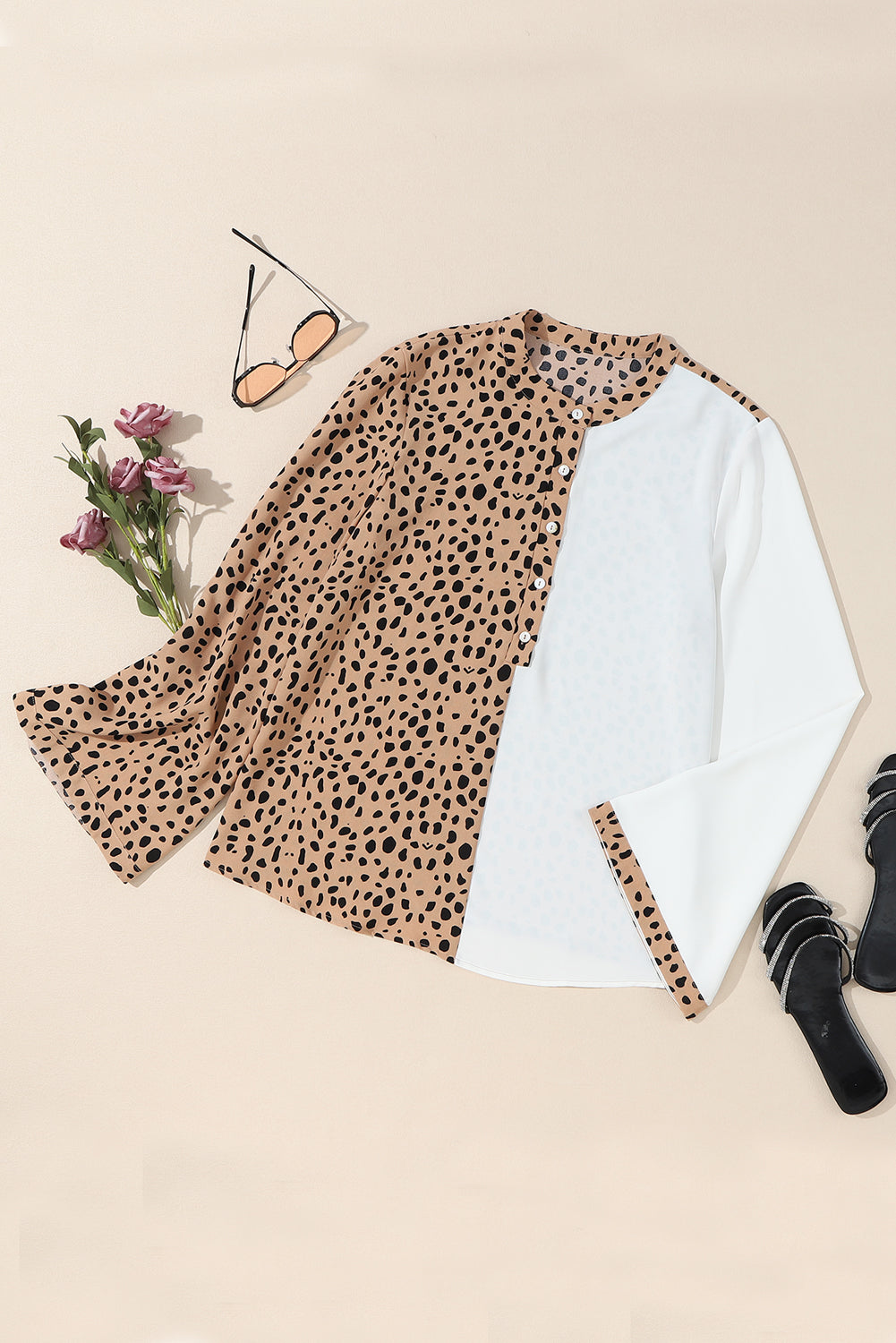 Khaki Leopard and White Patchwork Henley Blouse-True and Wild