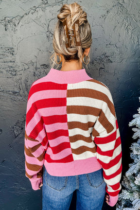 Pink Stripe Color Block High Neck Drop Shoulder Loose Sweater-True and Wild