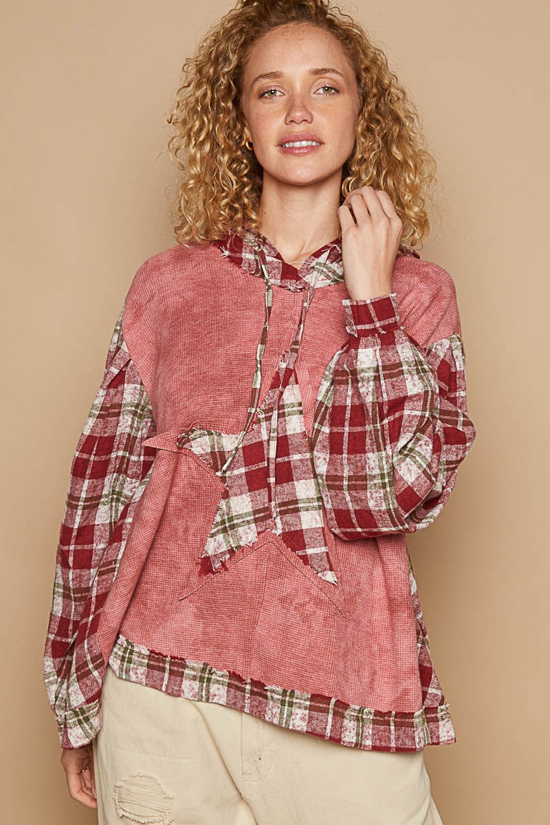 POL Star Patch Plaid Long Sleeve Hooded Top-True and Wild