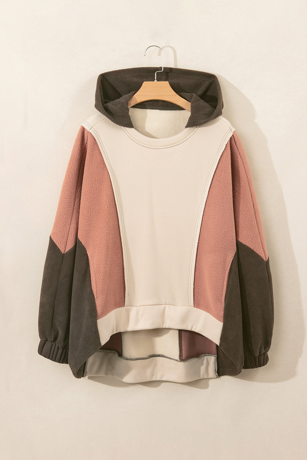 Beige Patchwork High Low Oversized Hoodie-True and Wild