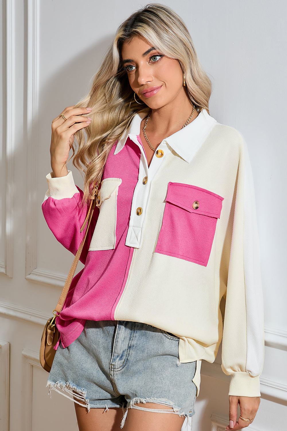 Pink Colorblock Patchwork Ribbed Oversized Sweatshirt-True and Wild