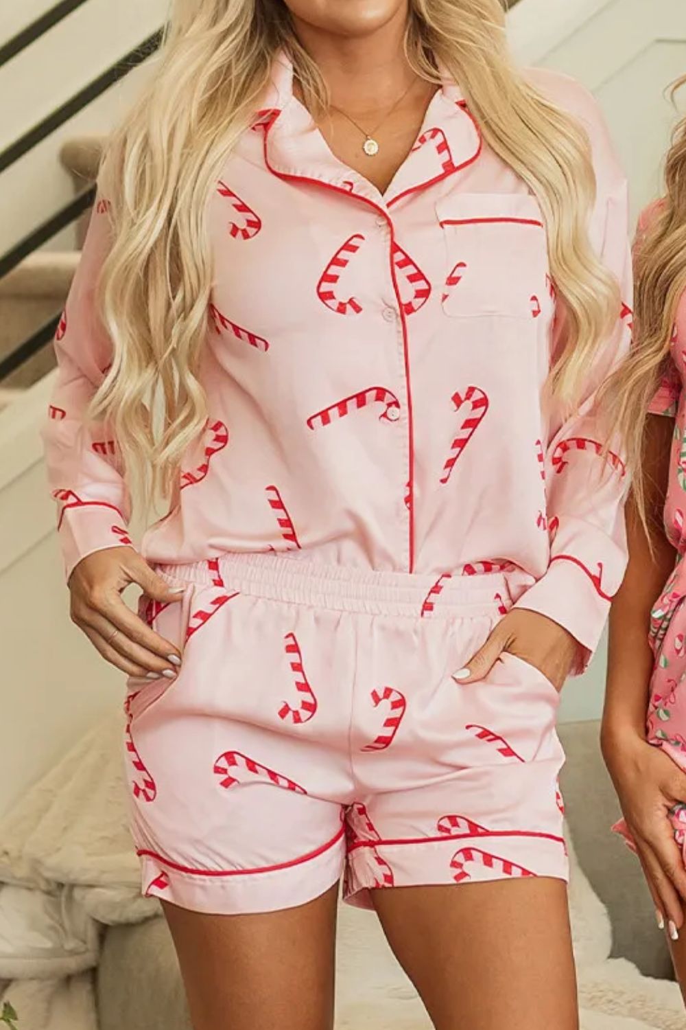 Candy Cane Collared Neck Long Sleeve Top And Shorts Lounge Set