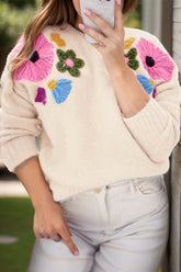 Plus Size Crochet Flower Round Neck Long Sleeve Sweater-True and Wild