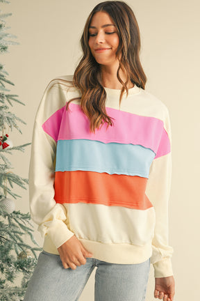 White Colorblock Patchwork Drop Sleeve Sweatshirt