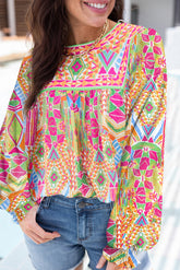 Orange Geometric Print Long Sleeve Keyhole Back Blouse-True and Wild