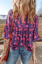 Purple Floral Puff Half Sleeve Split Neck Blouse-True and Wild