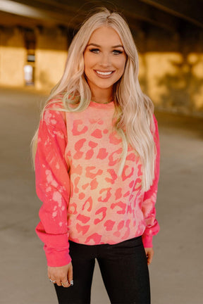 Pink Cheetah Print Drop Sleeve Bleached Sweatshirt-True and Wild