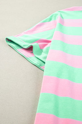 Pink Stripe Colorblock Cuffed Sleeve Loose Tee-True and Wild