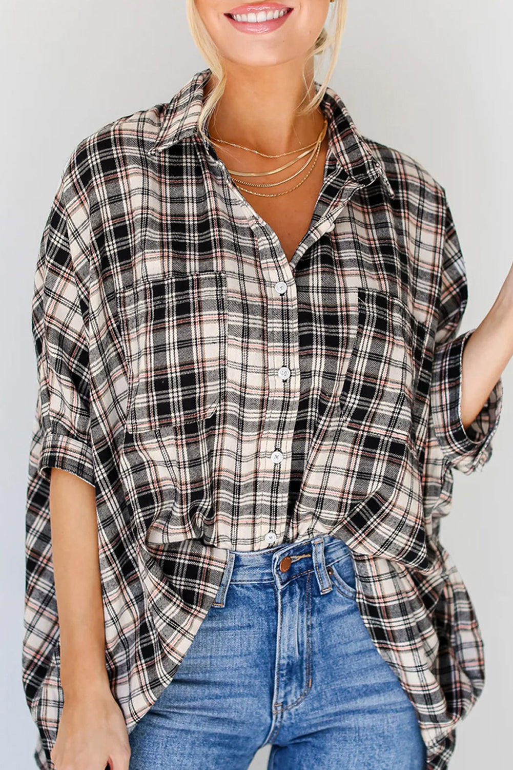 Black Plaid Batwing Sleeve Button Up Shirt-True and Wild