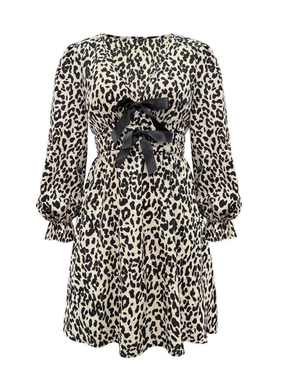 Leopard V-Neck Flounce Sleeve Dress-True and Wild