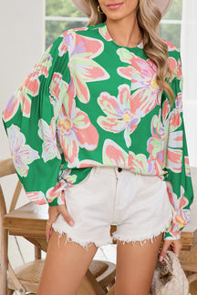 Green Floral Pleated Puff Sleeve Blouse-True and Wild