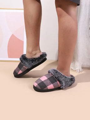 Plaid Furry Round Toe Flat Slippers-True and Wild