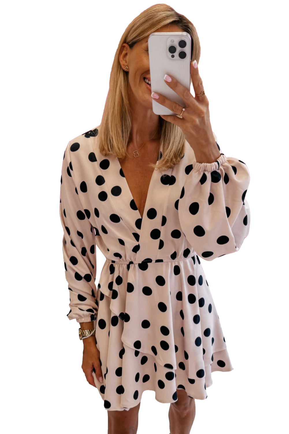 Beige Polka Dot Print Surplice V Neck Puff Sleeve Mini Dress-True and Wild