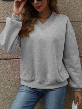 V-Neck Long Sleeve Dropped Shoulder Sweatshirt