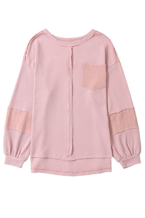 Pink Waffle and Crinkle Patchwork Long Sleeve Top-True and Wild