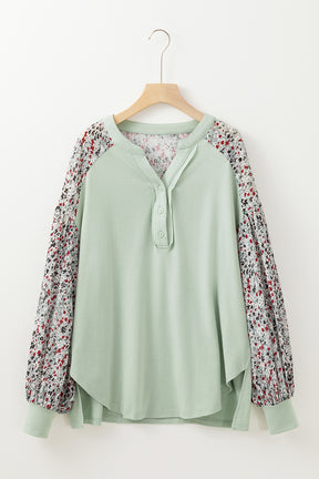 Meadow Mist Green Floral Print Bubble Sleeve Henley Loose Top-True and Wild