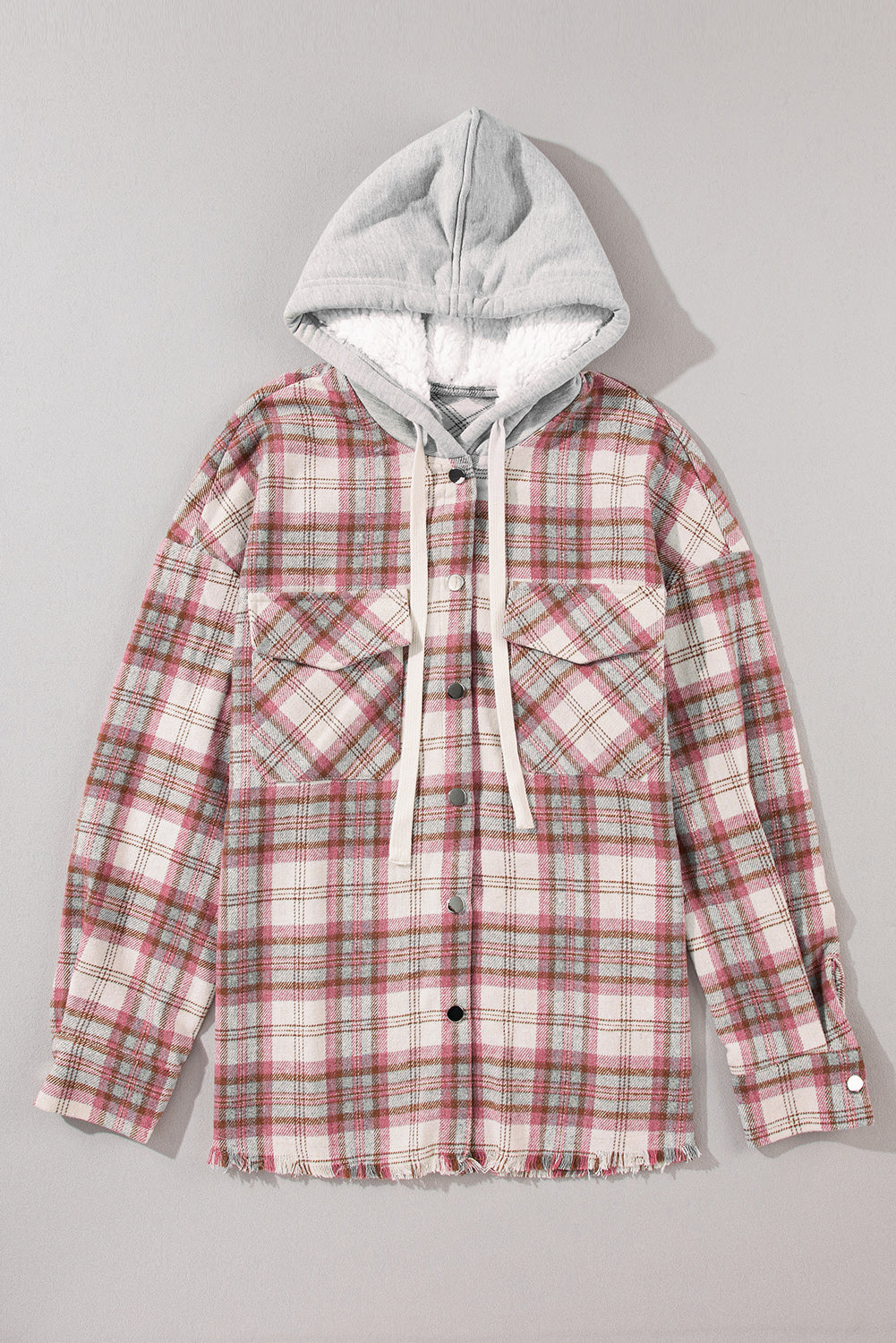 Multicolor Plaid Flap Pocket Hooded Raw Hem Shacket-True and Wild