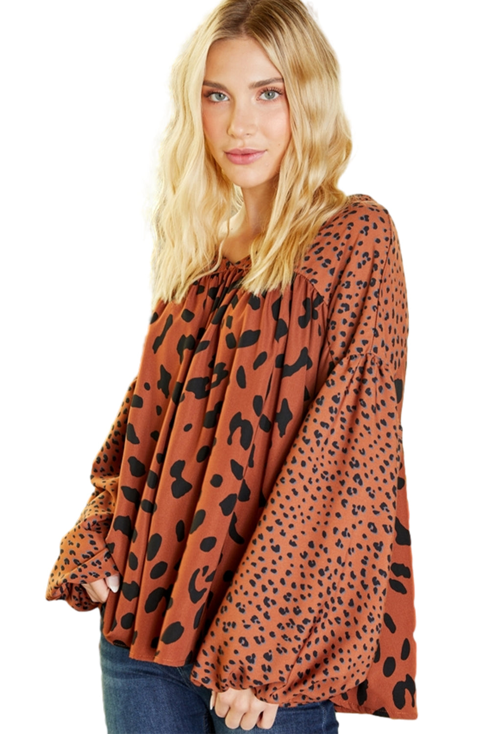 Brown Leopard V Neck Lantern Sleeve Tunic Blouse-True and Wild