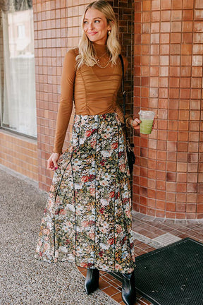 Brown Allover Floral Print Bohemian High Waist Maxi Skirt-True and Wild