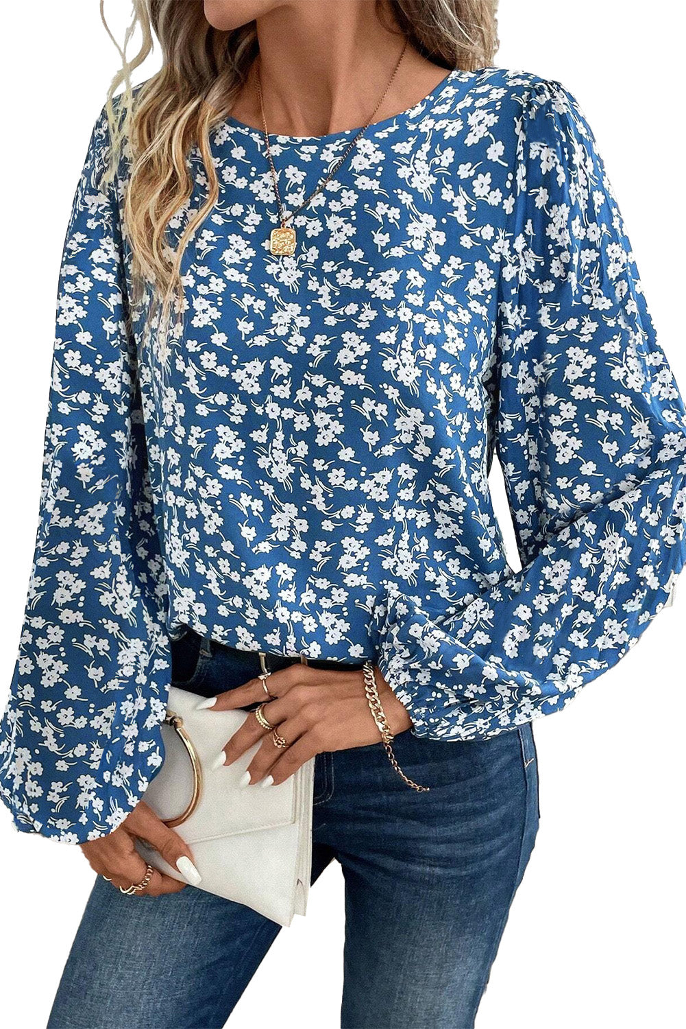 Blue Ditsy Floral Print Lantern Sleeve Blouse-True and Wild