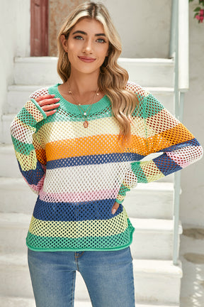 Rose Red Colorblock Striped Hollow Knitted Top-True and Wild