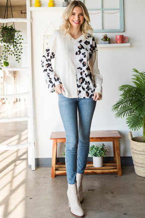 Beige V Neck Leopard Colorblock Patchwork Long Sleeve Top-True and Wild