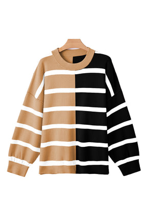 Light Beige Striped Colorblock Drop Shoulder Sweater-True and Wild