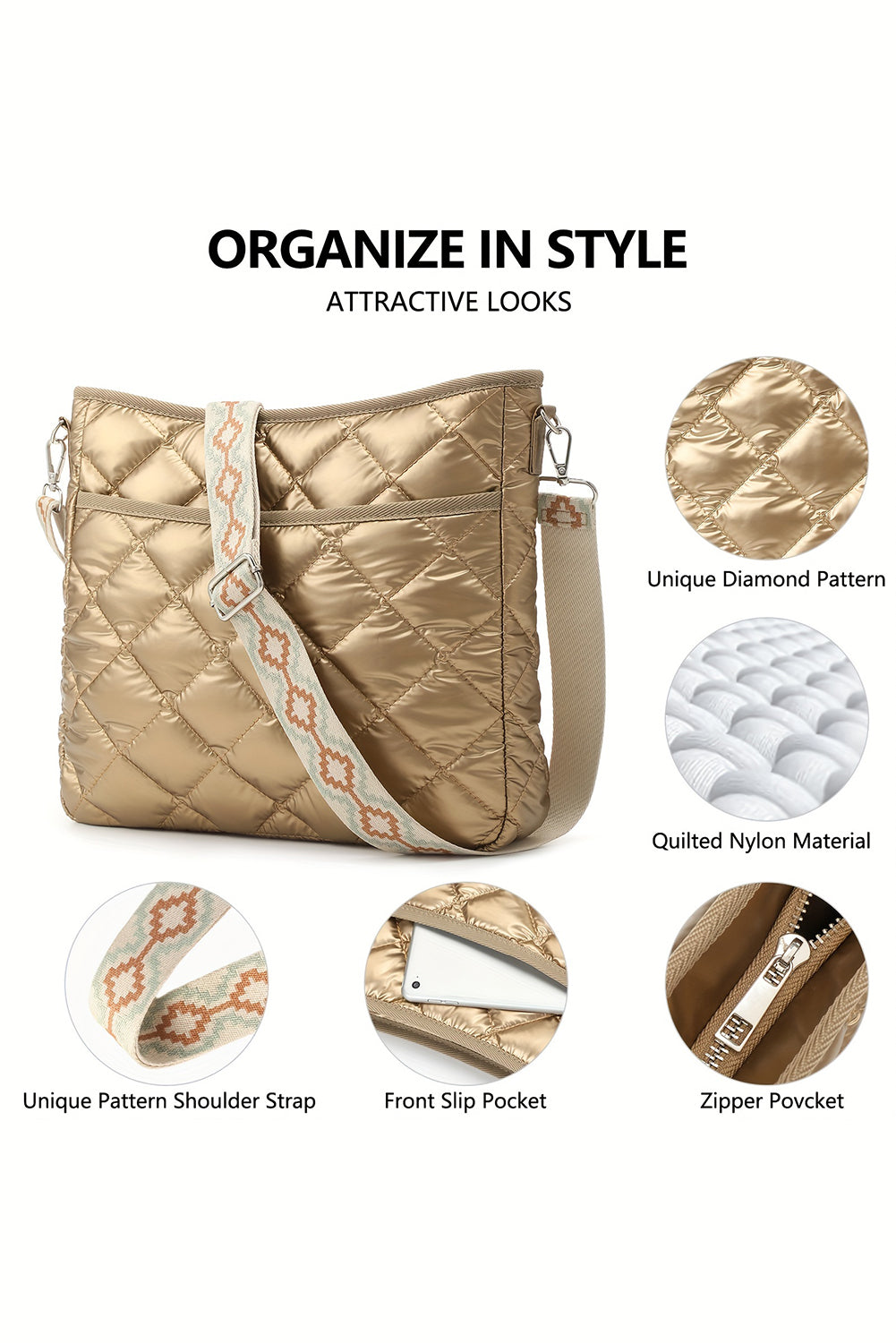 Gold Quilted Large Capacity Shoulder Bag-True and Wild