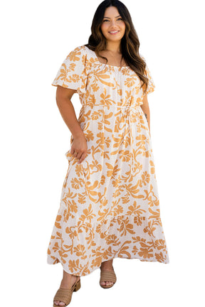 Apricot Floral Print Puff Short Sleeve Resort Plus Size Maxi Dress