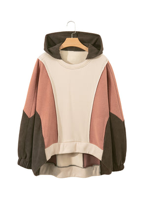 Beige Patchwork High Low Oversized Hoodie-True and Wild