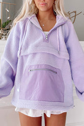 Lavendula Zipped Patch Pocket Fuzzy Drawstring Hoodie-True and Wild