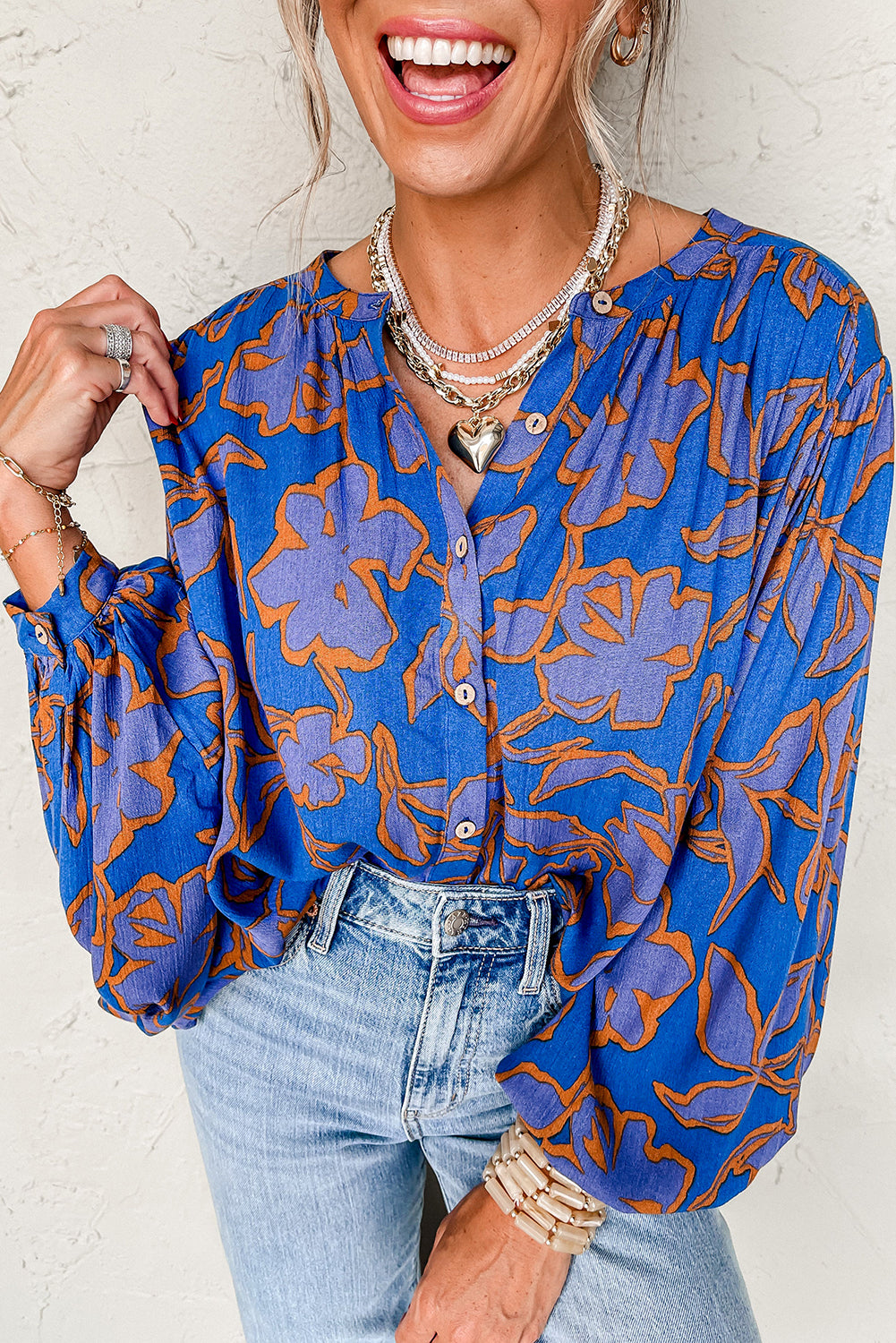 Blue Floral Print Batwing Sleeve Button Loose Fit Blouse-True and Wild