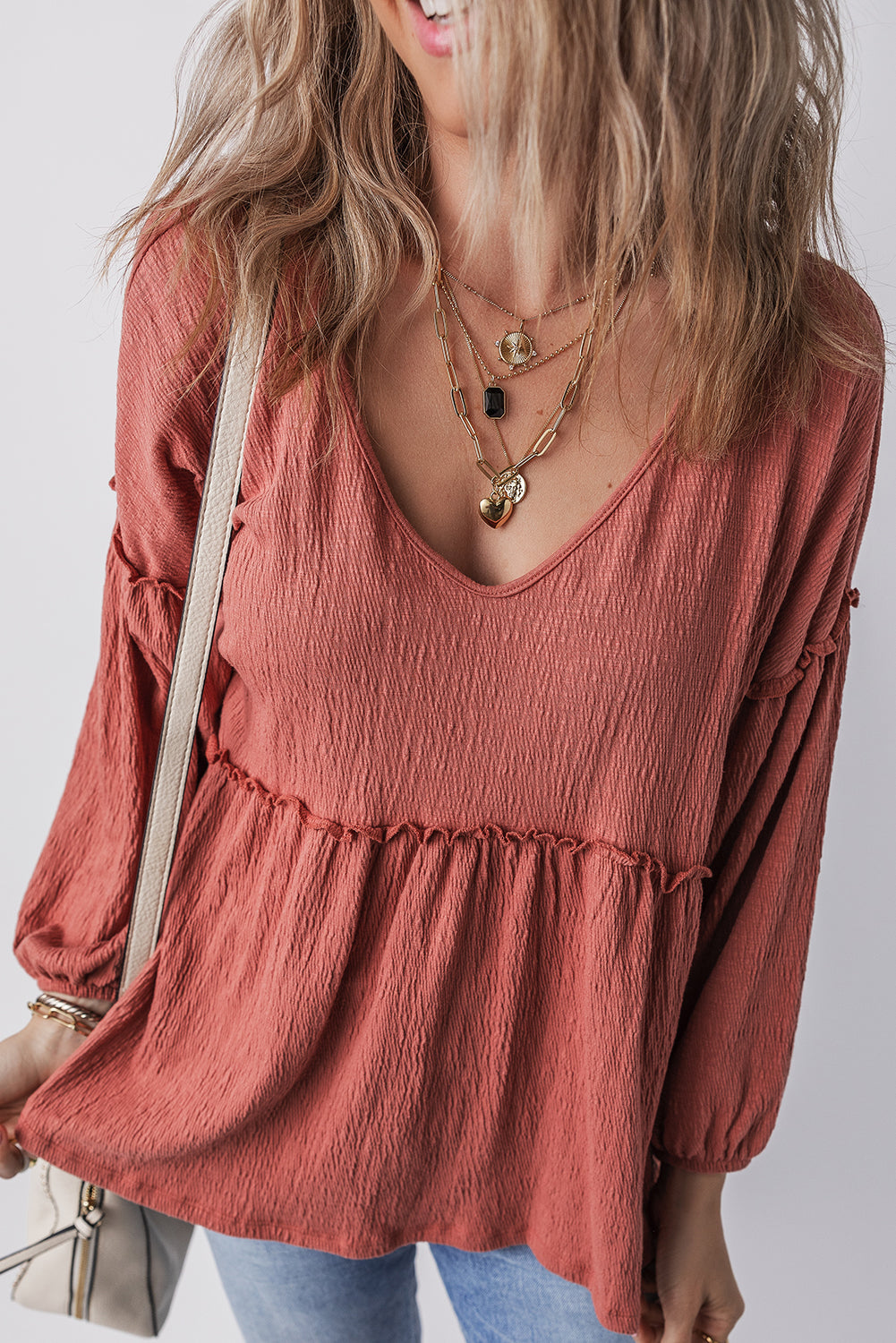 Frill V-Neck Long Sleeve Blouse-True and Wild