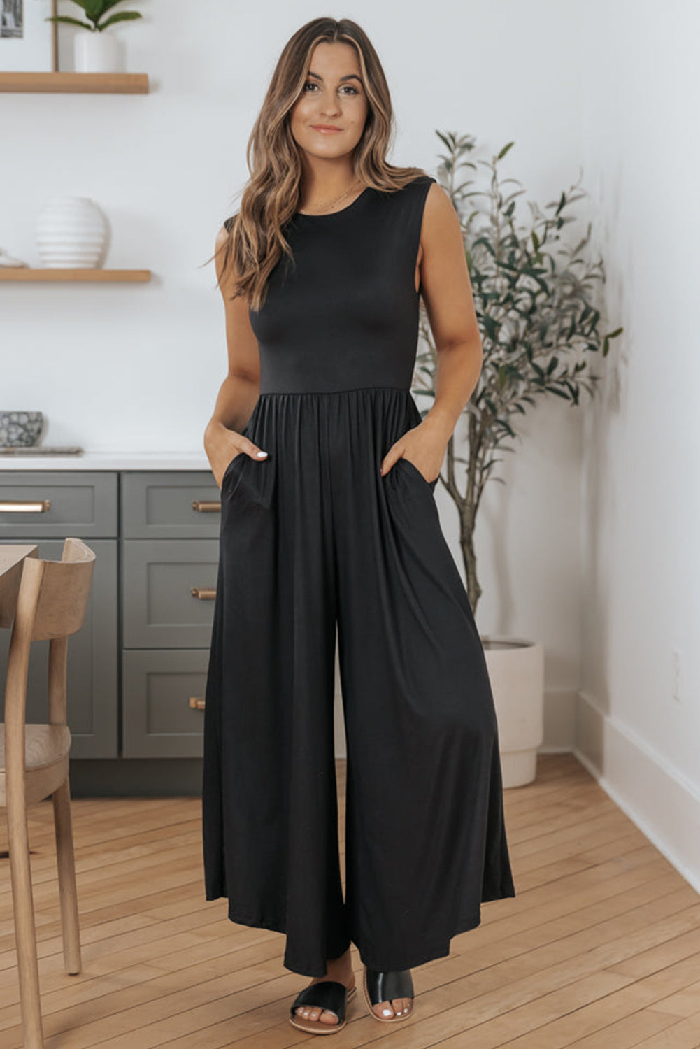 Black Solid Color Open Back Sleeveless Wide Leg Jumpsuit-True and Wild