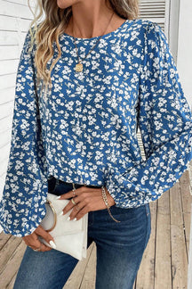 Blue Ditsy Floral Print Lantern Sleeve Blouse-True and Wild