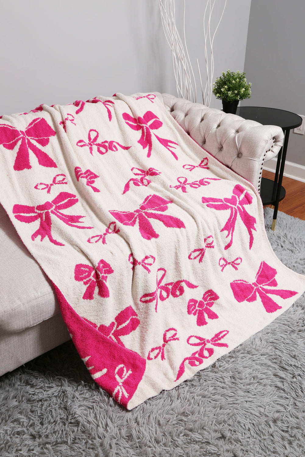 Pink 127*152cm Bow Printed Cozy Soft Throw Blanket-True and Wild