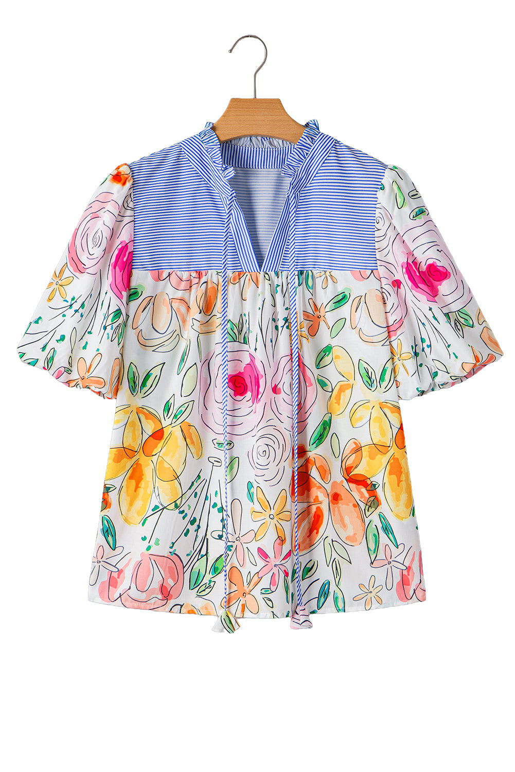 Multicolour Floral Print Striped Frill V Neck Puff Sleeve Blouse