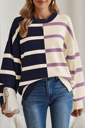 Light Beige Striped Colorblock Drop Shoulder Sweater-True and Wild