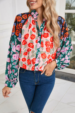 Red Colorblock Floral Print Puff Sleeve Shirt-True and Wild